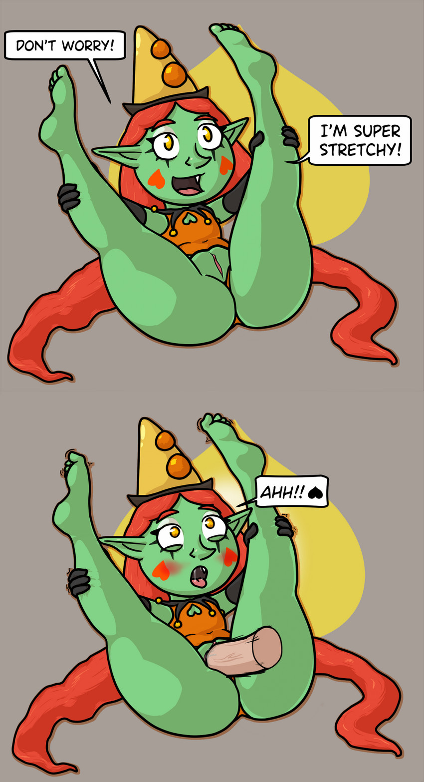 4_toes ahegao bell blush breasts cleavage_cutout clothing clown curling_toes cute_fangs cutout dialogue disembodied_penis duo feet female female_focus female_penetrated flexible genitals green_body green_skin hair hat headgear headwear heart_eyes heart_symbol human_on_humanoid humanoid_feet interspecies large_penetration larger_male legs_behind_head legs_up long_hair looking_pleasured makeup male male/female male_penetrating male_penetrating_female not_furry penetration penile penile_penetration penis penis_in_pussy plantigrade presenting presenting_pussy pussy red_hair sex simple_background size_difference small_breasts smaller_female smaller_penetrated solo_focus speech_bubble spread_legs spreading text toes tongue tongue_out vaginal vaginal_penetration wide_hips yellow_eyes naughtysableye winnie_(naughtysableye) goblin human humanoid mammal 2020 comic english_text hi_res sequence