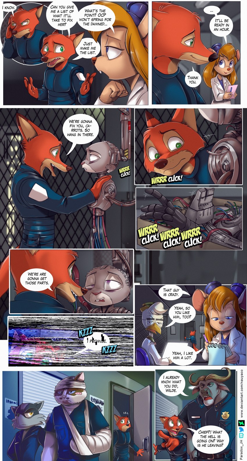 anthro cybernetics dialogue female machine male speech_bubble text nauyaco bojack_horseman chip_'n_dale_rescue_rangers disney ducktales ducktales_(2017) netflix robocop_(franchise) sega sonic_boom sonic_the_hedgehog_(series) zootopia chief_bogo gadget_hackwrench gyro_gearloose judy_hopps meow_meow_fuzzyface nick_wilde t.w._barker bovid bovine canid canine cape_buffalo cyborg domestic_cat european_rabbit felid feline felis fox lagomorph leporid mammal mouse murid murine oryctolagus rabbit red_fox rodent true_fox 2023 absurd_res comic english_text hi_res