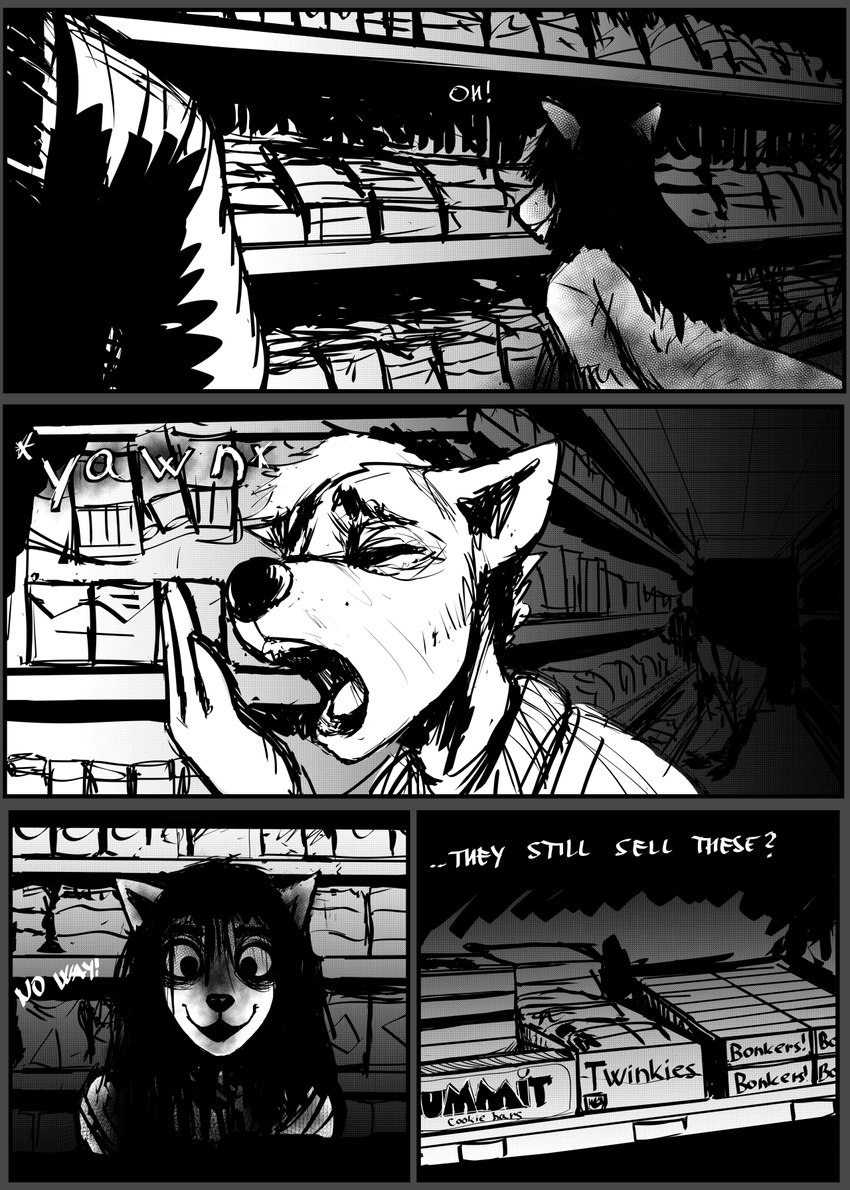 anthro convenience_store duo female happy male open_mouth text tired yawn hladilnik twinkies carol_(hladilnik) daniel_(hladilnik) canid canine canis domestic_dog ghost mammal spirit wolf 2021 comic english_text greyscale hi_res monochrome