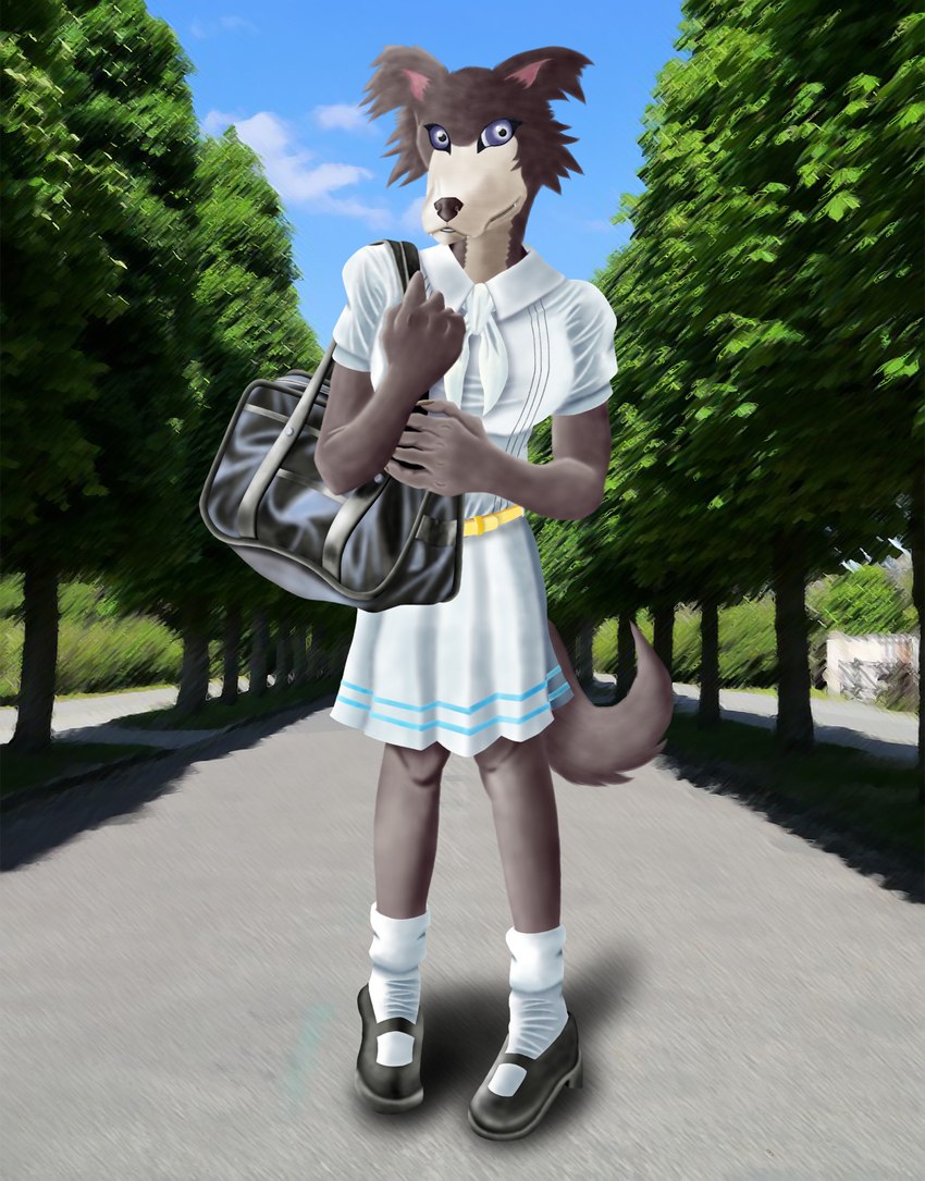 anthro bag belt black_bag black_clothing black_footwear black_nose black_shoes blue_sky bottomwear breasts brown_body claws clothed clothing fangs female footwear plant purple_eyes road shoes skirt sky smile socks solo tail teeth tree uniform white_bottomwear white_clothing white_footwear white_skirt white_socks white_uniform yellow_belt kisuzu_rumina beastars juno_(beastars) canid canine canis mammal wolf hi_res