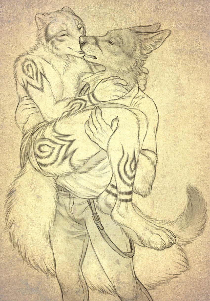 4_toes 5_fingers anthro bridal_carry carrying_another carrying_partner clothed clothing duo feet fingers fur kissing male male/male romantic romantic_couple tail toes rukis red_lantern_universe puquanah ransom canid canine canis coyote fox mammal 2021 hi_res traditional_media_(artwork)