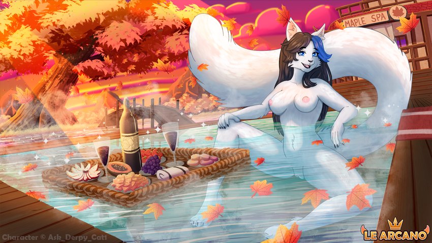 alcohol anthro autumn beverage big_tail black_nails blue_eyes breasts casual_nudity colored_nails female fur genitals grey_body grey_fur hot_spring leaf nails nude onsen outdoor_bath outdoor_nudity outside pussy skinny_dipping smile solo spread_legs spreading steam tail water arcanelynx dawn_(ask_derpy_cat1) domestic_cat felid feline felis mammal nebelung 16:9 hi_res widescreen