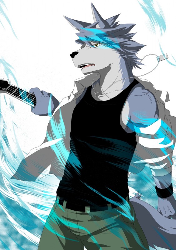 abs anthro athletic aura biceps big_muscles biped black_nose blue_aura bottomwear clothed clothing dog_tags fully_clothed fur grey_body grey_fur grey_hair guitar hair jewelry looking_at_viewer male muscular muscular_anthro muscular_male musical_instrument necklace pants pecs plucked_string_instrument pose shirt solo standing string_instrument sweatband tank_top teeth topwear white_body white_fur wristband yellow_eyes rotton morenatsu kouya_(morenatsu) canid canine canis domestic_dog husky mammal nordic_sled_dog spitz 2015 digital_media_(artwork) hi_res