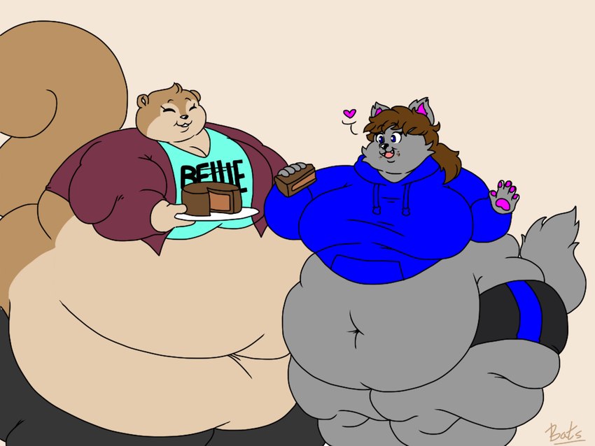 5_fingers anthro belly big_belly big_breasts biped black_bottomwear black_clothing black_eyebrows black_nose blue_bottomwear blue_clothing blue_eyes blue_shirt blue_topwear bottomwear breasts brown_body brown_fur brown_hair buckteeth cake chubby_cheeks cleavage clothed clothing crumbs curled_tail dessert double_chin duo ear_tuft eyebrow_through_hair eyebrows eyelashes eyes_closed facial_tuft fangs female fingers flabby_arms food front_view fur glistening glistening_eyes glistening_nose grey_body grey_fur hair heart_symbol holding_food holding_object hoodie huge_belly huge_hips huge_thighs hyper hyper_hips hyper_thighs jacket looking_at_another love_handles midriff morbidly_obese morbidly_obese_anthro morbidly_obese_female multicolored_body multicolored_bottomwear multicolored_clothing multicolored_fur navel obese obese_anthro obese_female open_mouth overweight overweight_anthro overweight_female pants pawpads pink_heart pink_inner_ear pink_pawpads pink_tongue purple_clothing purple_jacket purple_topwear shirt shorts simple_background smile standing sweatshirt tail tail_tuft tan_background tan_body tan_fur teeth text text_on_clothing text_on_shirt text_on_topwear thick_thighs three-quarter_view tongue topwear translucent translucent_hair tuft two_tone_body two_tone_bottomwear two_tone_clothing two_tone_fur wide_hips batspid2 vanessa_(batspid2) canid canine canis mammal rodent sciurid tree_squirrel wolf 2018 4:3 digital_drawing_(artwork) digital_media_(artwork) flat_colors portrait signature three-quarter_portrait