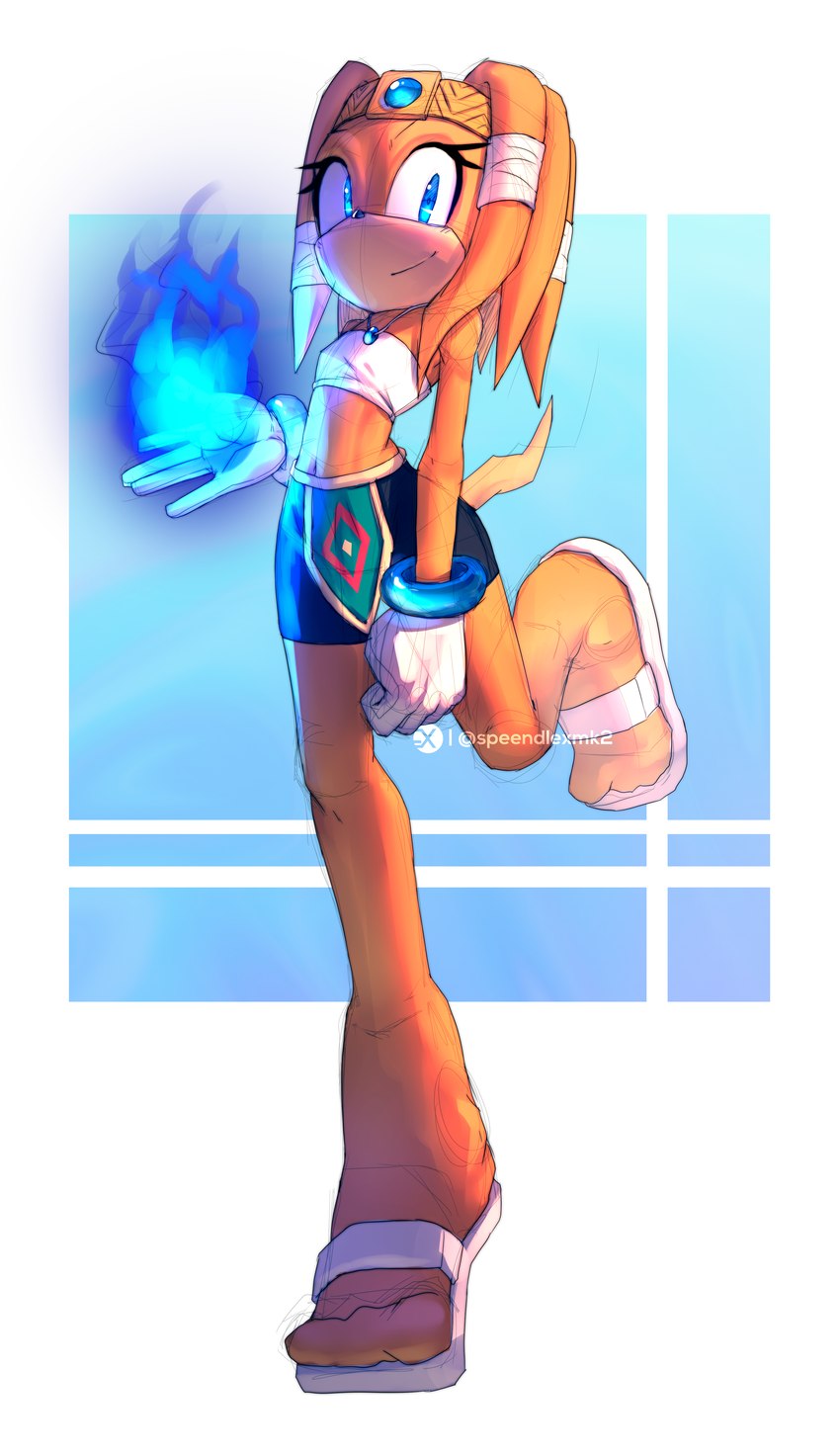 anthro blue_eyes bottomwear clothing cuff_(restraint) female footwear gloves handwear jewelry looking_at_viewer magic orange_body raised_leg restraints sandals shoes skirt solo topwear tube_top wrist_cuffs speendlexmk2 sega sonic_adventure sonic_the_hedgehog_(series) tikal_the_echidna absurd_res hi_res