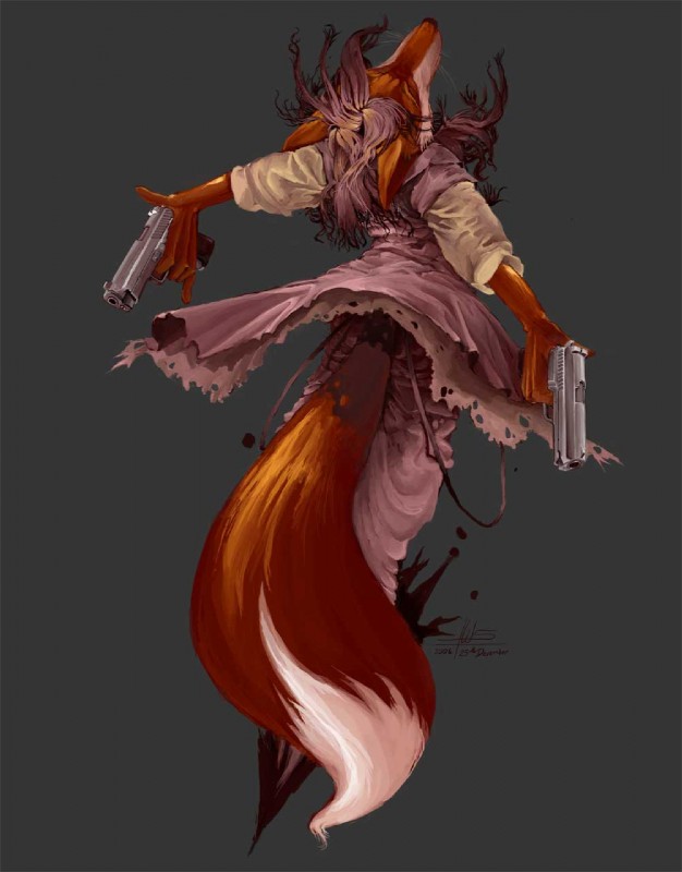 ambiguous_gender anthro clothed clothing gun hair handgun pistol ranged_weapon solo weapon pira canid canine fox mammal hi_res