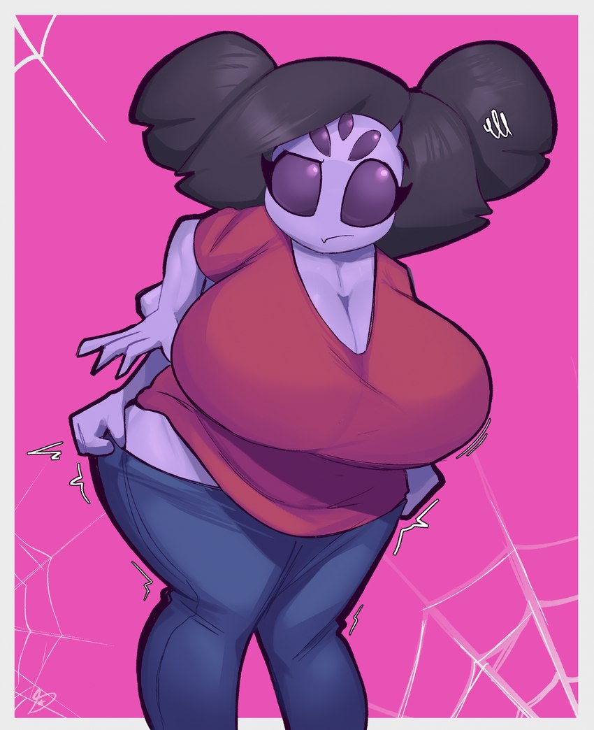 anthro big_breasts black_hair breasts cleavage clothed clothing eyelashes female hair huge_breasts multi_arm multi_eye multi_limb purple_body solo thick_thighs tight_clothing wide_hips dreamerknight undertale undertale_(series) muffet animal_humanoid arachnid arachnid_humanoid arthropod arthropod_humanoid boss_monster_(undertale) humanoid spider spider_humanoid 2024 digital_media_(artwork) hi_res