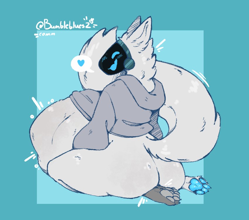 abdominal_bulge agender almost_fully_inside ambiguous_gender anal anal_vore anthro belly belly_on_ground big_belly big_tail bloated blue_pawpads bottomless bulge butt clothed clothing curvy_figure fluffy fluffy_tail fur head_first hoodie hoodie_only imprint living_buttplug living_insertion machine male male_pred neck_tuft pawpads same_size_vore sitting sitting_on_another sitting_on_feet solo tail topwear topwear_only tuft voluptuous vore white_body white_fur bumbleblues buddy_(gurglegluts) living_toy protogen hi_res