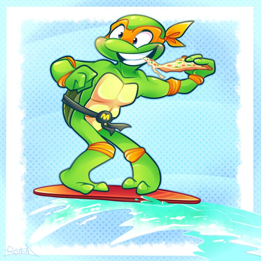 2_toes 3_fingers anthro eating feet fingers food male mask pizza smile solo surfboard surfing teeth toes water vaporotem teenage_mutant_ninja_turtles michelangelo_(tmnt) reptile scalie turtle 1:1 2013 signature