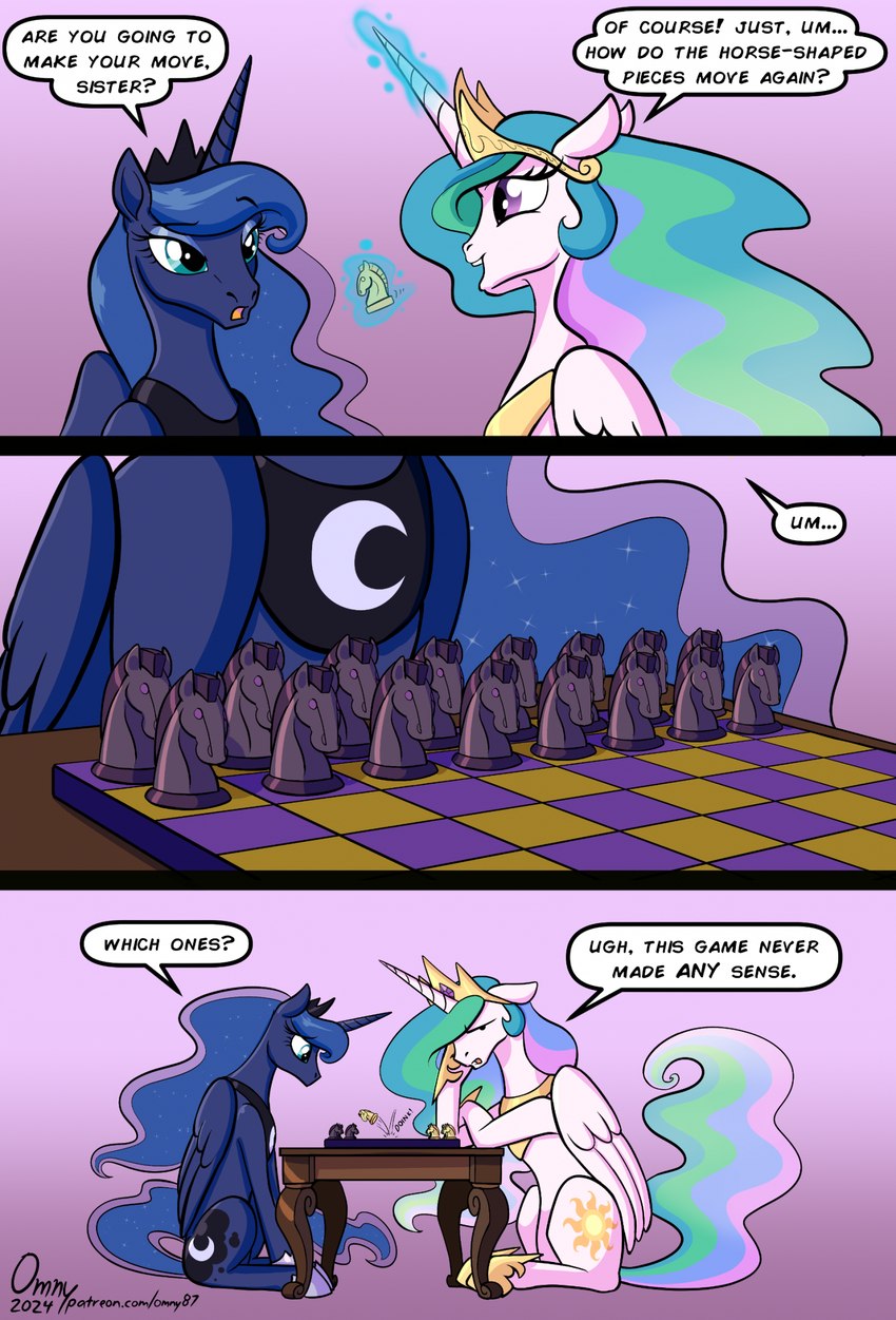 blue_eyes blue_hair chess chess_board chess_piece dialogue duo female feral hair horn quadruped text wings omny87 friendship_is_magic hasbro my_little_pony mythology princess_celestia_(mlp) princess_luna_(mlp) equid equine mammal mythological_creature mythological_equine winged_unicorn comic english_text hi_res url sibling_(lore) sister_(lore) sisters_(lore)