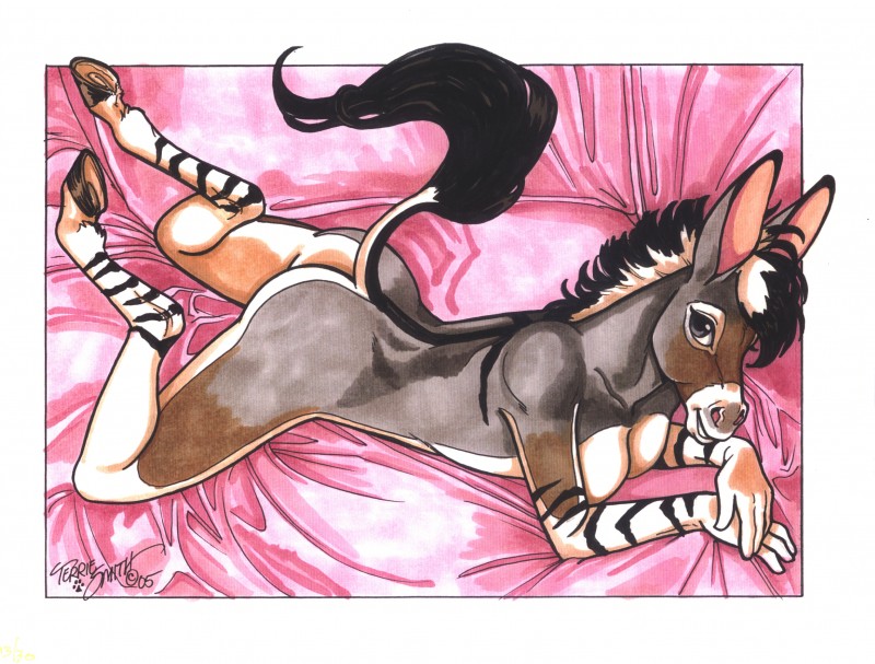 anthro butt female hooves looking_at_viewer nude pose solo tail tail_tuft tuft terrie_smith asinus donkey equid equine giraffid hybrid mammal okapi 2005 absurd_res hi_res pinup signature traditional_media_(artwork)