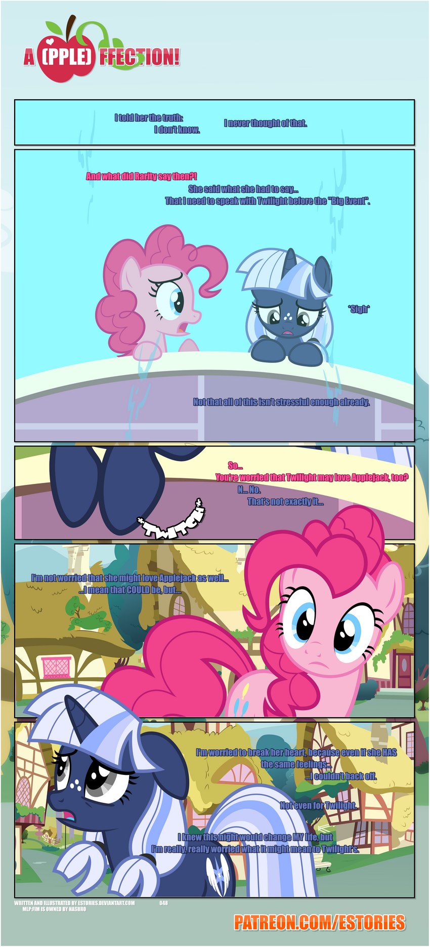 black_border border bridge building cutie_mark dialogue duo ears_down ears_up female feral freckled_face freckles frown glistening horn outside pivoted_ears ponyville reflection reflections water water_reflection worried estories friendship_is_magic hasbro my_little_pony mythology pinkie_pie_(mlp) silverlay_(estories) earth_pony equid equine horse mammal mythological_creature mythological_equine pony unicorn absurd_res hi_res