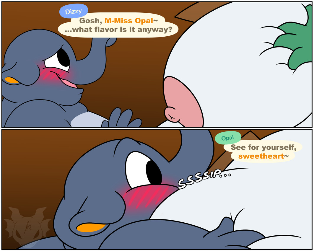 ambiguous_gender anthro areola between_breasts big_breasts blush border breasts brown_background dialogue drinking duo faceless_character faceless_female female female/ambiguous grey_body hand_on_breast huge_breasts hyper hyper_breasts looking_at_another nipples obese obese_anthro object_between_breasts onomatopoeia overweight overweight_anthro pink_nipples pitcher simple_background smile sound_effects text white_border white_breasts jouigidragon animal_crossing nintendo dizzy_(animal_crossing) opal_(animal_crossing) elephant elephantid mammal proboscidean 2022 5:4 comic english_text hi_res watermark male_(lore)