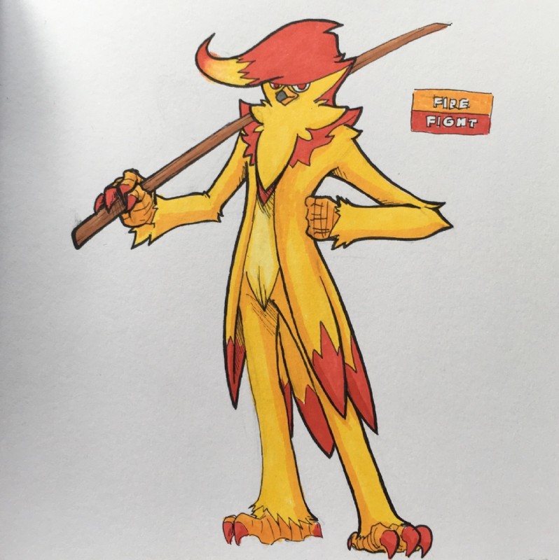 4_fingers 4_toes alternate_color anisodactyl anthro anthrofied arm_tuft avian_feet bancho beak biped black_beak blonde_hair claws delinquent dipstick_beak feather_tuft feathers feet fingers front_view frown hair hand_on_hip head_tuft holding_object holding_weapon looking_at_viewer male melee_weapon multicolored_beak multicolored_body multicolored_feathers multicolored_hair nude orange_body orange_claws orange_feathers orange_hair pokemorph polearm pompadour pseudo_clothing red_eyes shadow shoulder_tuft simple_background slim solo standing text thin_calves thin_legs thin_thighs toe_claws toes toony tuft two_tone_beak two_tone_body two_tone_feathers two_tone_hair weapon white_background yellow_beak yellow_body yellow_feathers marco_fanjul fakemon firefightdex nintendo pokemon avian bird generation_4_pokemon pokemon_(species) staraptor 2018 english_text full-length_portrait hatching_(art) hi_res marker_(artwork) mixed_media pen_(artwork) portrait shaded traditional_media_(artwork)