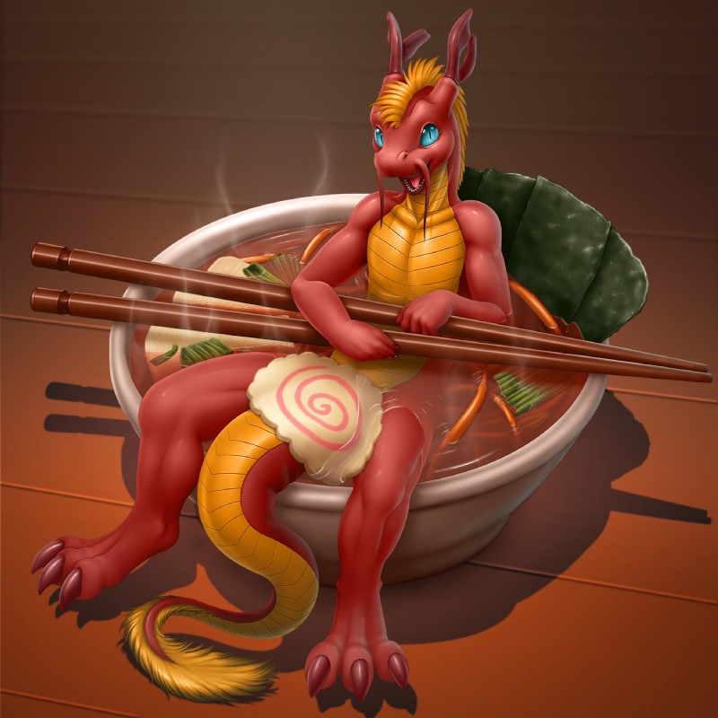 3_toes 5_fingers anthro barbel_(anatomy) blue_eyes chopsticks claws comically_large_object convenient_censorship feet fingers flesh_whiskers food hair happy high-angle_view looking_at_viewer male micro narutomaki no_sclera noodles nude nude_anthro nude_male on_food partially_submerged ramen red_body short_hair smile solo soup steam tail toe_claws toes vader-san asian_mythology east_asian_mythology mythology bik_(vader-san) dragon eastern_dragon mythological_creature mythological_scalie scalie 1:1 2014 censored digital_media_(artwork) hi_res