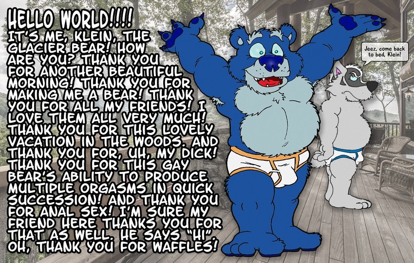 allcaps annoyed anthro armpit_hair barefoot biped black_border black_nose black_text blue_body blue_eyes blue_fur blue_nose blue_sclera blue_seam_briefs blue_seam_underwear body_hair border briefs briefs_only bulge clothed clothing colored_seam_underwear detailed_bulge dialog_balloon dialogue duo feet fur grey_body grey_fur klein_(brucebadger) male male/male male_anthro open_mouth open_sile orange_seam_briefs orange_seam_underwear outside overweight overweight_male plantigrade teeth_showing text tighty_whities tongue_showing topless underwear underwear_only wall_of_text wearing_another's_underwear white_briefs white_clothing white_underwear brucebadger bruce_(brucebadger) badger bear mammal mustelid musteline english_text