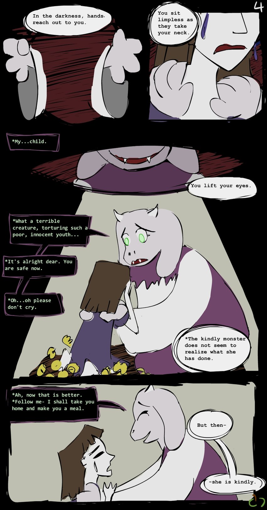 alternate_universe brown_hair clothing dialogue female green_eyes hair horn speech_bubble text white_body sour-apple-studios horrortale undertale undertale_(series) aliza_(horrortale) toriel toriel_(horrortale) human mammal comic english_text hi_res mother_(lore) parent_(lore)