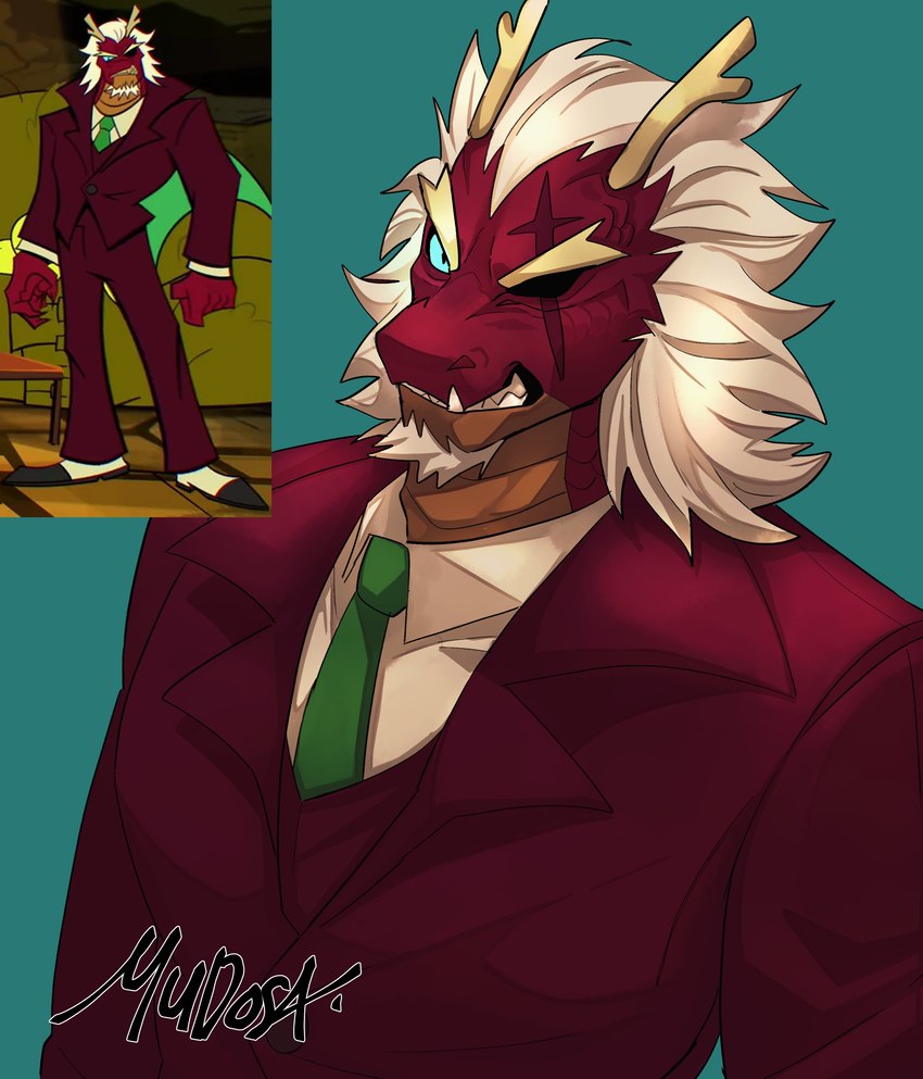 anthro biped blue_sclera clothed clothing eye_scar eyebrows facial_scar green_necktie hair horn looking_at_viewer male necktie red_body red_clothing red_scales red_suit scales scar simple_background solo suit white_hair mudosa_3_1 mythology rise_of_the_teenage_mutant_ninja_turtles teenage_mutant_ninja_turtles boss_bruce dragon mythological_creature mythological_scalie scalie 2022 absurd_res half-length_portrait hi_res portrait signature