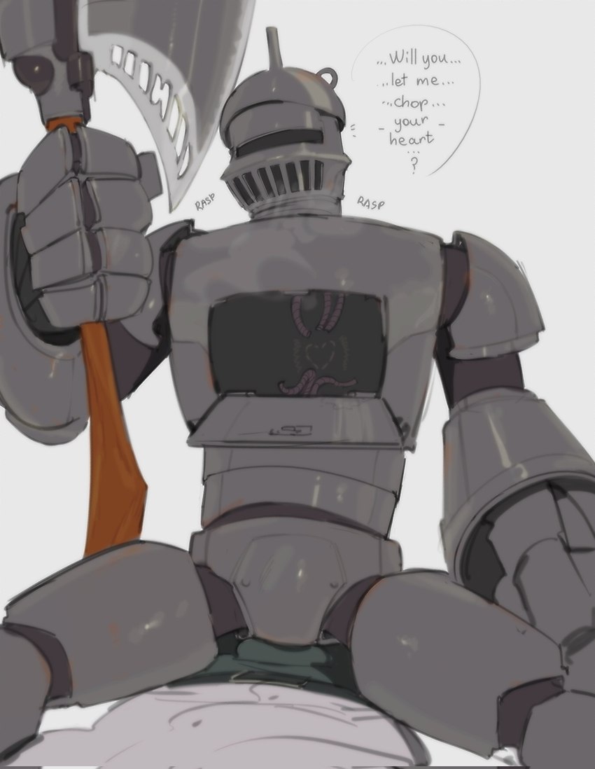 armor axe breath dialogue glistening glistening_body grey_body holding_axe holding_object male not_furry simple_background solo talking_to_viewer text white_background kogito the_wonderful_wizard_of_oz tin_woodman animate_inanimate humanoid living_armor 2023 digital_media_(artwork) english_text hi_res