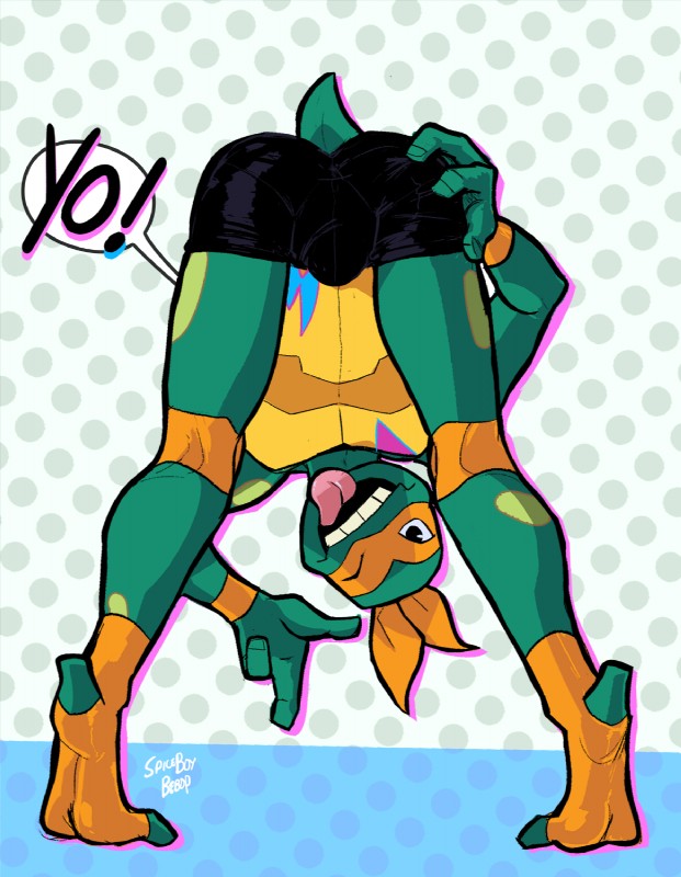 anthro bent_over bottomwear bulge clothed clothing male one_eye_closed shorts solo toeless_legwear tongue tongue_out topless wink spiceboybebop rise_of_the_teenage_mutant_ninja_turtles teenage_mutant_ninja_turtles michelangelo_(tmnt) box_turtle ornate_box_turtle reptile scalie turtle hi_res