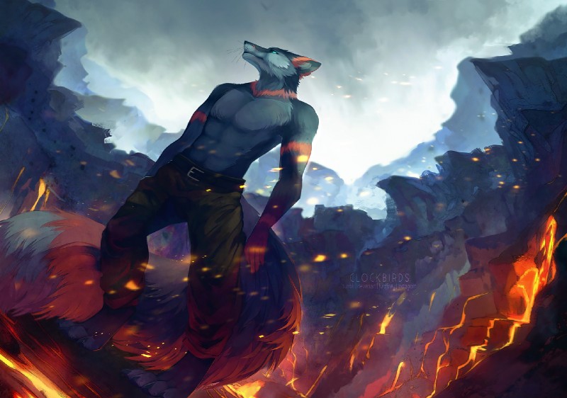 anthro belt blue_eyes bottomwear canyon claws clothed clothing cloud countershading detailed_background dipstick_tail dutch_angle embers fluffy fluffy_tail front_view fur gloves_(marking) grey_body grey_countershading grey_fur humanoid_hands lava lavafall looking_back male markings mountain multicolored_tail nature outside pants red_markings red_tail_tip sky solo standing tail tail_markings topless clockbirds bonfire_(bonfirefox) canid canine fox mammal 2018 dark_theme digital_media_(artwork)