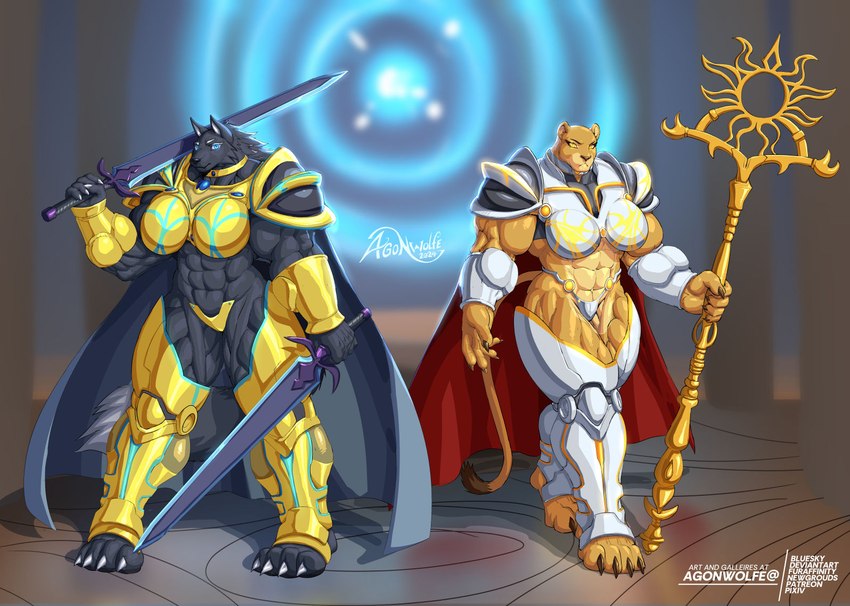 anthro armor barefoot big_muscles biped fantasy feet female huge_muscles hyper hyper_muscles melee_weapon muscular plantigrade pose staff standing sword warriors weapon agonwolfe canid canine canis felid fox lion mammal pantherine