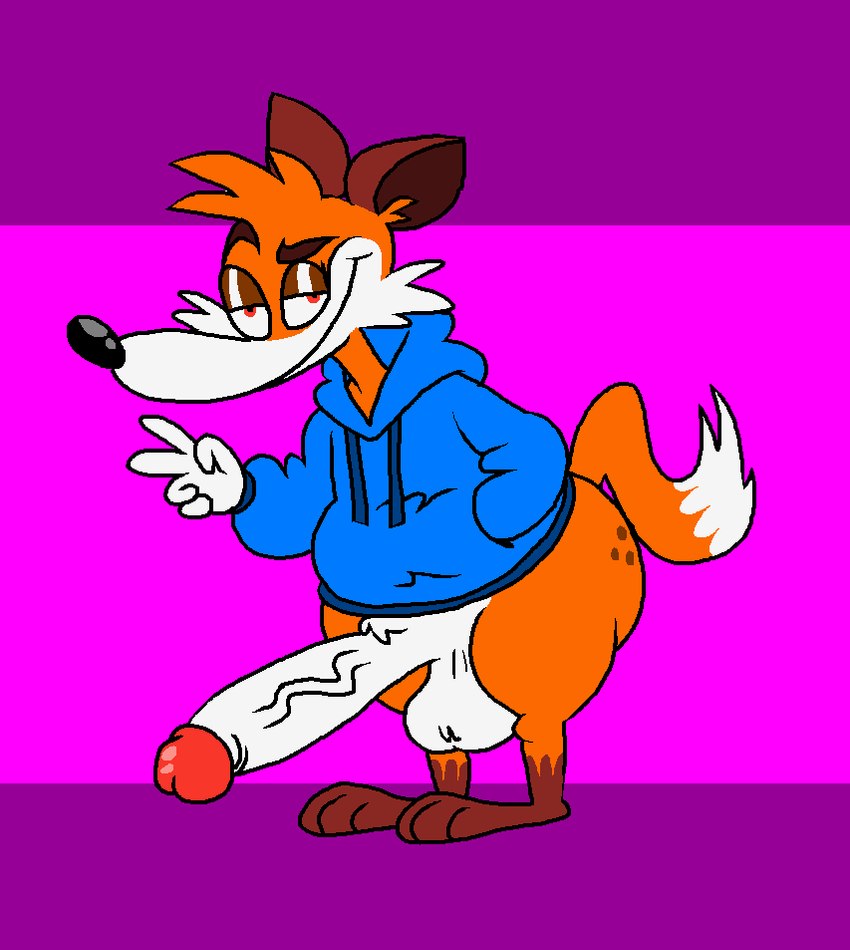 balls big_penis clothed clothing erection fur genitals huge_penis male narrowed_eyes orange_body orange_fur partially_clothed penis simple_background smile solo vein veiny_penis ducdevinny soups_(superiorfox) canid canine fox mammal red_fox true_fox