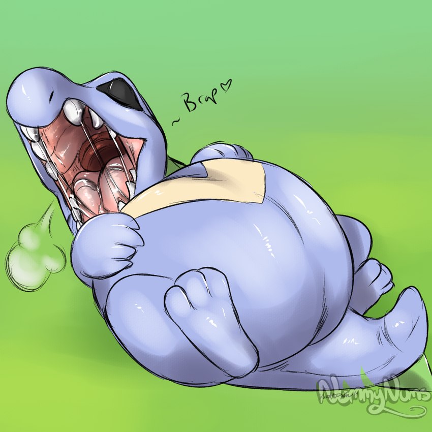 ambiguous_gender belly big_belly blue_body duo green_background lying open_mouth overweight sharp_teeth simple_background tail teeth vore nummynumz nintendo pokemon generation_2_pokemon pokemon_(species) totodile 1:1 2015