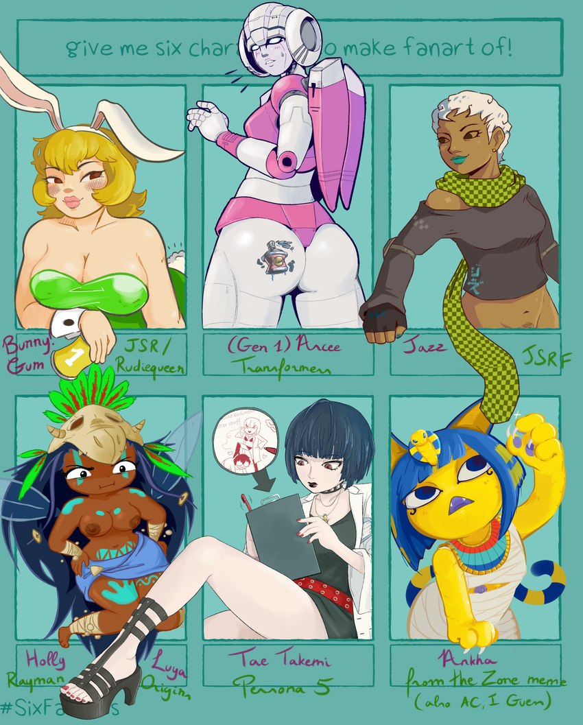 anthro big_breasts blonde_hair blue_hair blue_nipples blush bob_cut breasts bunny_costume butt claws clothed clothing coat costume dark_body dark_skin drawing fake_ears fake_rabbit_ears feet female fur graffiti hair lab_coat leotard long_hair looking_back machine nipples scarf short_hair smile spray_can strapless_clothing strapless_leotard topwear vehicle white_hair wings yellow_body yellow_fur stitchword animal_crossing atlus hasbro jet_set_radio megami_tensei megami_tensei_persona nintendo rayman_(series) sega six_fanarts_challenge takara_tomy transformers ubisoft ankha_(animal_crossing) arcee gum_(jet_set_radio) holly_luya jazz_(jet_set_radio) tae_takemi animal_humanoid cat_humanoid cybertronian domestic_cat fairy felid felid_humanoid feline feline_humanoid felis human humanoid living_machine living_vehicle mammal mammal_humanoid nymph robot robot_humanoid 2022 absurd_res digital_media_(artwork) hi_res meme shaded