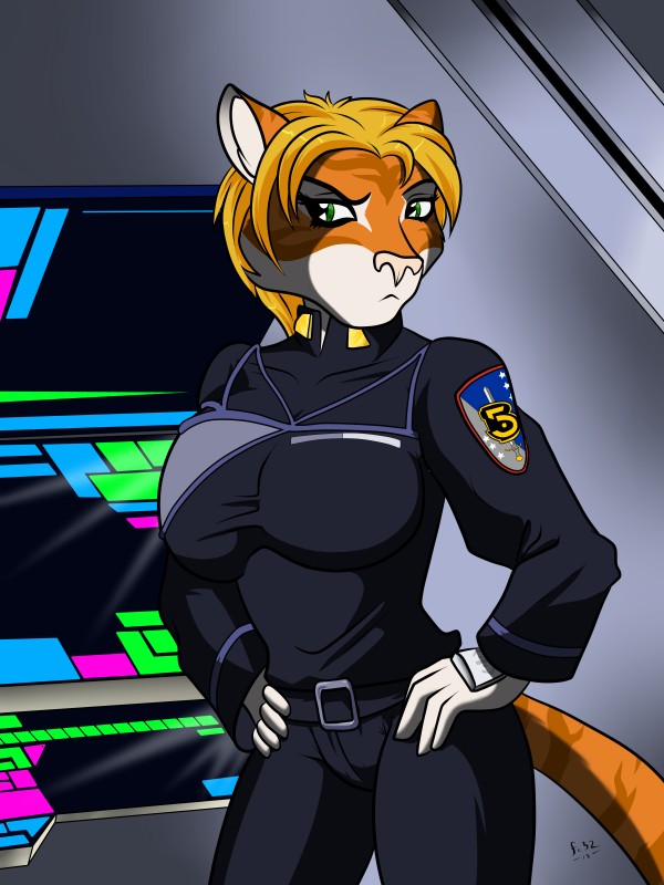 anthro big_breasts blonde_hair breasts female fur green_eyes hair multicolored_body multicolored_fur orange_body orange_fur pink_nose short_hair solo striped_body striped_fur stripes two_tone_body two_tone_fur white_body white_fur fc32 babylon_5 ellys_perani felid mammal pantherine tiger 2013 3:4 absurd_res hi_res herm_(lore)