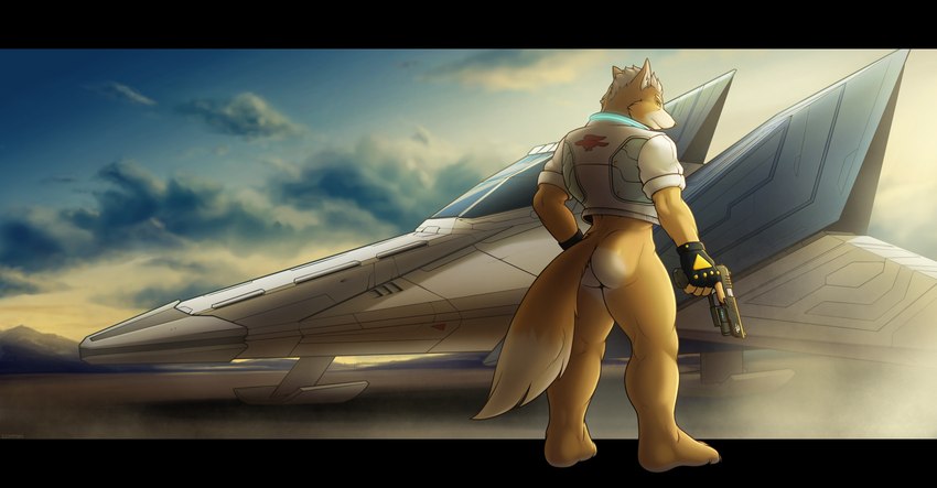 anthro arwing bottomless butt casual_exposure clothed clothing fur gun handgun holding_gun holding_object holding_ranged_weapon holding_weapon looking_at_viewer looking_back male paws ranged_weapon solo tail topwear weapon corrsk nintendo star_fox fox_mccloud canid canine fox mammal digital_media_(artwork) hi_res