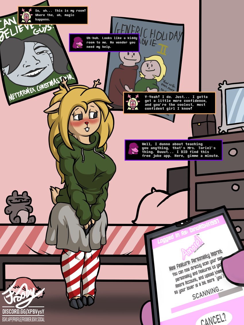 anthro antlers bed bedroom big_breasts blonde_hair blush bottomwear breasts buckteeth christmas_clothing christmas_headwear clothed clothing electronics female first_person_view freckles furniture hair hat headgear headwear holidays hoodie hooves horn legwear long_hair mind_control movie_poster phone plushie poster santa_hat skirt solo stockings sweater tail teddy_bear teeth text topwear transformation frooby christmas christmas_just_a_week_away! deltarune undertale_(series) mettaton_ex noelle_holiday susie_(deltarune) deer mammal new_world_deer 3:4 absurd_res digital_media_(artwork) english_text hi_res