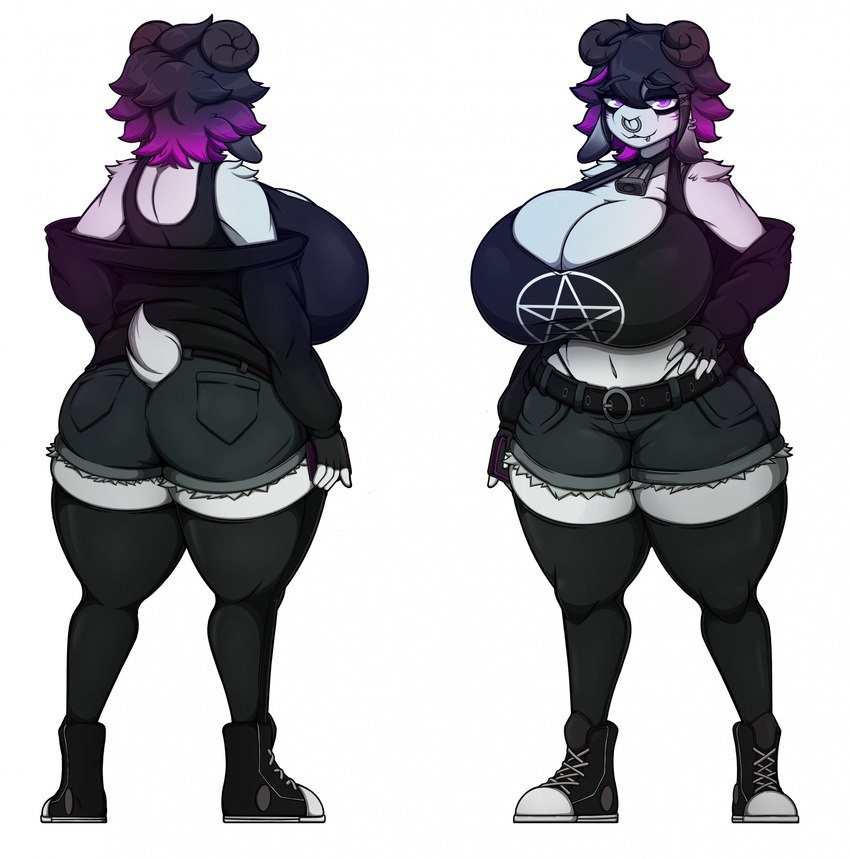 anthro big_breasts black_hair bottomwear breasts clothing facial_piercing female hair horn jacket nose_piercing nose_ring piercing purple_eyes ring_piercing shirt shorts solo tail topwear white_body zak_hitsuji tai_(zak_hitsuji) bovid caprine goat mammal hi_res