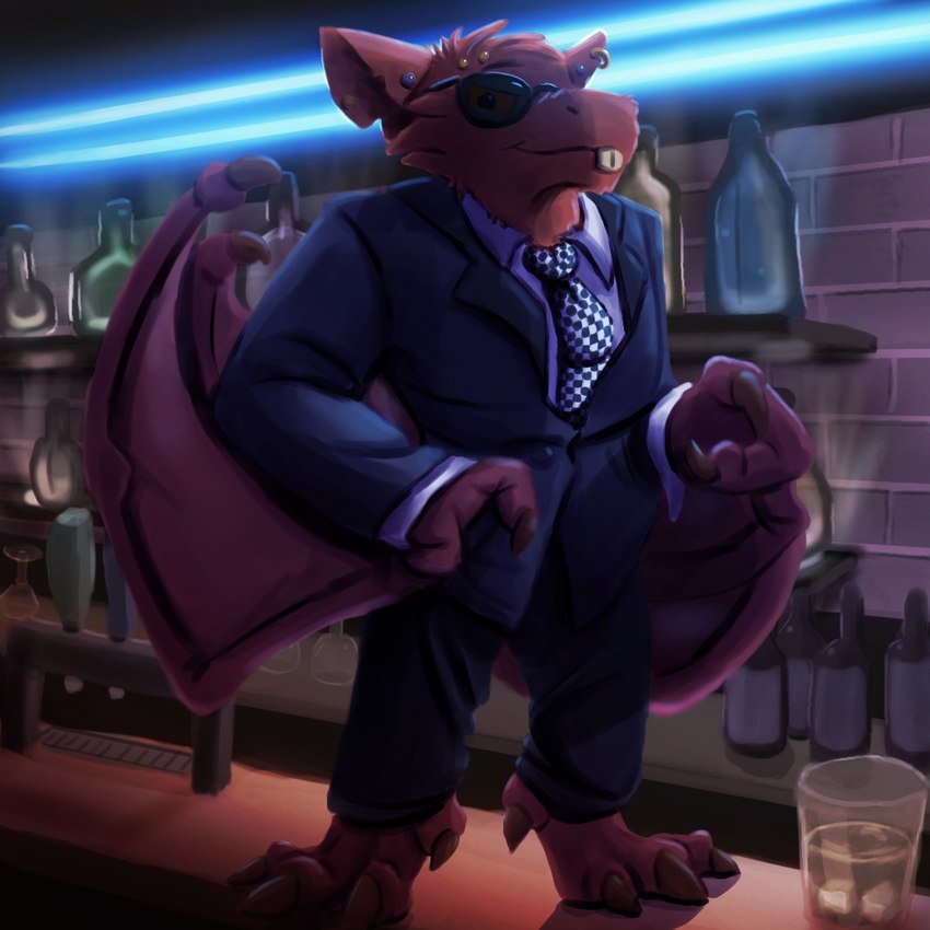 3_toes alcohol anthro bar beverage buckteeth clothing detailed_background dewclaw ear_piercing ear_ring eyebrow_piercing eyewear facial_piercing feet hand_in_pocket male necktie neon_lights piercing pockets ring_piercing slacks solo suit sunglasses teeth toes crossroadspony raemyshu rvb_revolution mutt_(rvb_revolution) bat mammal 1:1