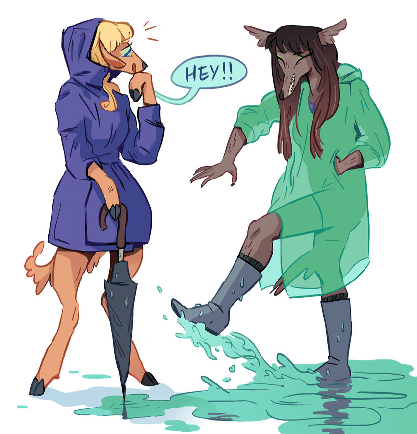 anthro blonde_hair blue_raincoat boots brown_hair clothing coat dialogue duo female female/female footwear green_raincoat hair kick puddle raincoat romantic romantic_couple shoes simple_background splash text topwear umbrella white_background uzon basha_(uzon) jessie_(uzon) canid canine canis deer mammal wolf 2017 english_text hi_res