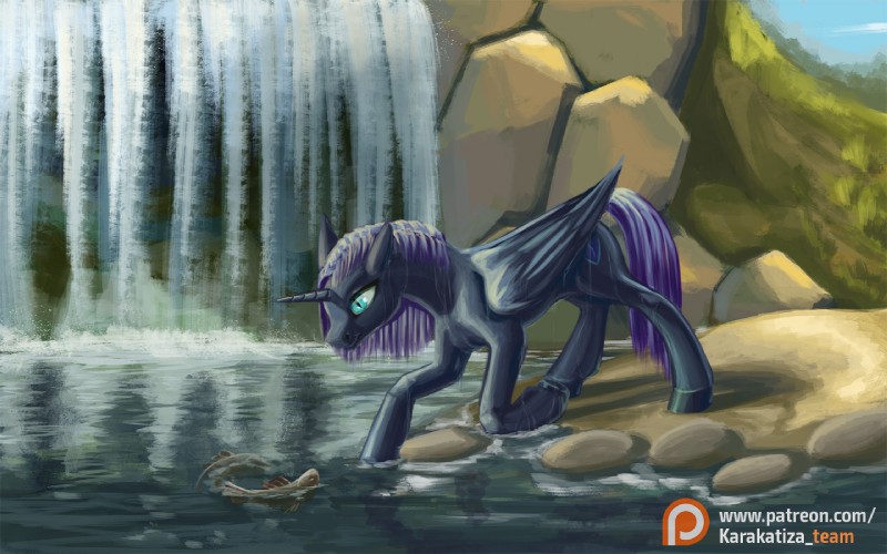 hair horn nature purple_hair solo text water waterfall wet wings kirillk hasbro my_little_pony mythology past_sins_(fanfic) fan_character nyx_(mlp) equid equine fish horse mammal marine mythological_creature mythological_equine pony winged_unicorn 16:10 url widescreen