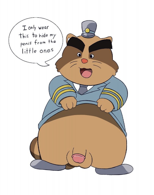 anthro balls barazoku belly brown_body brown_fur clothing dialogue fur genitals hat headgear headwear male penis police shirt simple_background solo talking_to_viewer text topwear white_background pokiedragon25 alice_detective_bureau inspector_arai mammal procyonid raccoon 2018 digital_drawing_(artwork) digital_media_(artwork) english_text hi_res