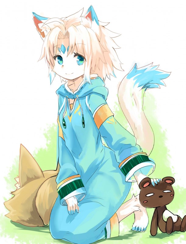 ahoge blue_eyes cat_tail female hair kneeling looking_at_viewer simple_background solo white_hair konozawa animal_humanoid cat_humanoid domestic_cat felid felid_humanoid feline feline_humanoid felis humanoid mammal mammal_humanoid hi_res