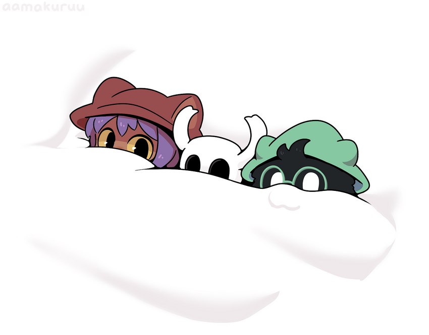 anthro bed bedding black_body black_eyes black_fur blanket clothing eyewear fur furniture glasses green_clothing green_eyewear green_glasses green_hat green_headwear group hair hat headgear headwear looking_at_viewer on_bed trio under_covers aamakuruu deltarune hollow_knight oneshot team_cherry undertale_(series) niko_(oneshot) ralsei the_knight_(hollow_knight) arthropod bovid caprine goat mammal vessel_(species)