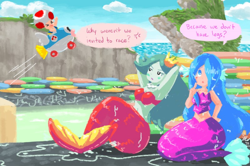 angry blue_eyes blue_hair blush breasts eyebrows eyelashes female fish_tail green_body green_hair green_skin group hair hands_behind_head split_form text unknown_artist mario_bros mario_kart nintendo aqualea mad_(wario's_woods) meido marine merfolk toad_(mario) 3:2 english_text