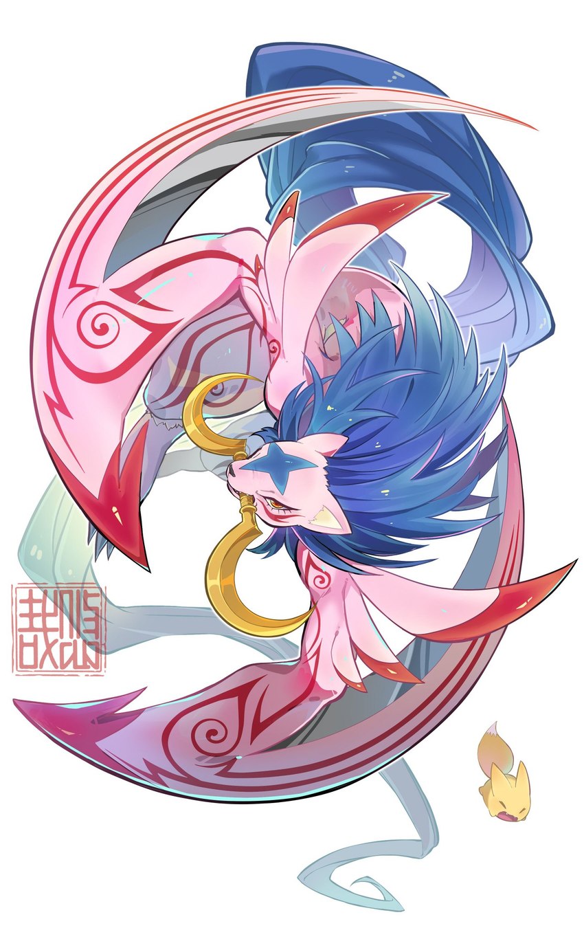 anthro blade_arm blue_hair claws fur hair male markings pink_body pink_fur simple_background solo white_background youzaiyouzai112 bandai_namco digimon digimon_(species) kyukimon hi_res