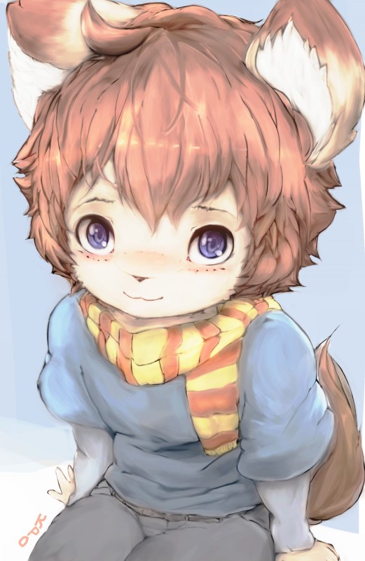 anthro blue_eyes blush bottomwear brown_hair clothing denim denim_bottomwear denim_clothing hair jeans looking_at_viewer male pants scarf shirt simple_background sitting smile solo t-shirt topwear undershirt young young_anthro young_male cupckpo kei_anbie canid canine fennec_fox fox mammal true_fox hi_res