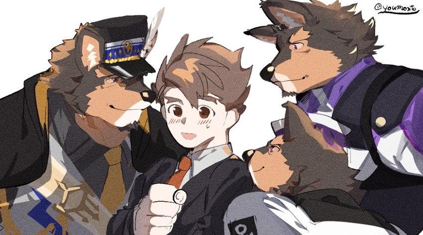 anthro blush bodysuit brown_body brown_fur brown_hair clothing eyebrows fur group hair male male/male military_uniform necktie sailor_hat sailor_uniform skinsuit suit superhero thick_eyebrows tight_clothing uniform youmoxto lifewonders live_a_hero male_operator protagonist_(live_a_hero) pubraseer canid canine canis domestic_dog human mammal