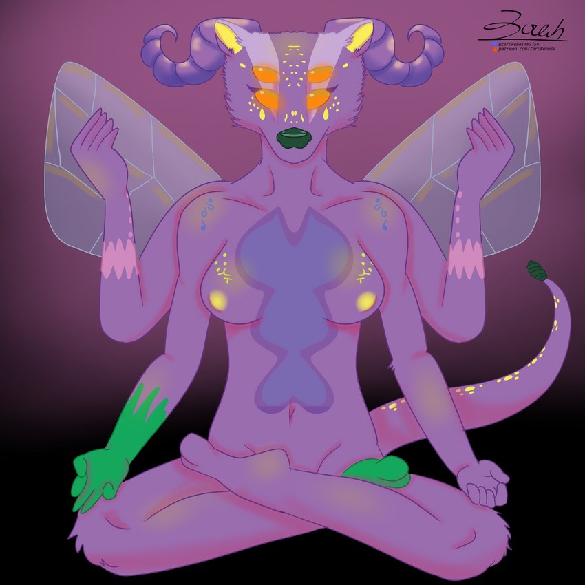 breasts crossed_legs female fur green_arms markings meditation multi_arm multi_eye multi_limb multicolored_body navel nipples orange_eyes purple_body purple_fur purple_markings sitting solo text what what_has_magic_done wings yellow_body yellow_fur yellow_markings zer0rebel4 arthropod badger bee bovid caprine chimera deity demon goat humanoid hymenopteran insect mammal mustelid musteline pit_viper rattlesnake reptile scalie snake viper 1:1 2023 digital_media_(artwork) hi_res url