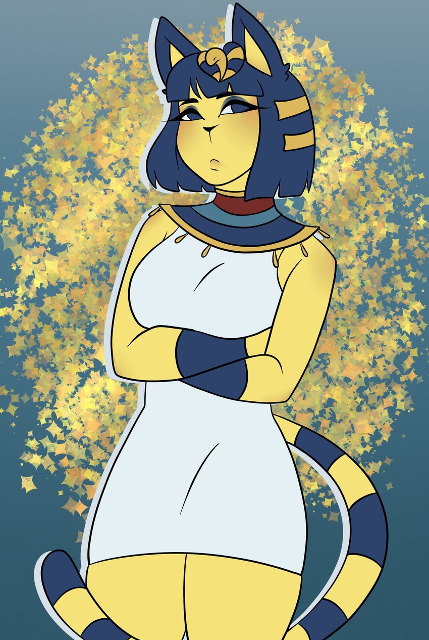 anthro big_breasts blue_hair blush breasts clothing collar egyptian egyptian_clothing egyptian_headdress eyeshadow female hair looking_away makeup markings seductive simple_background solo striped_markings striped_tail stripes tail tail_markings tight_clothing tsundere uraeus yellow_body yellow_inner_ear neptunebunny animal_crossing nintendo ankha_(animal_crossing) domestic_cat felid feline felis mammal absurd_res digital_media_(artwork) flat_colors hi_res