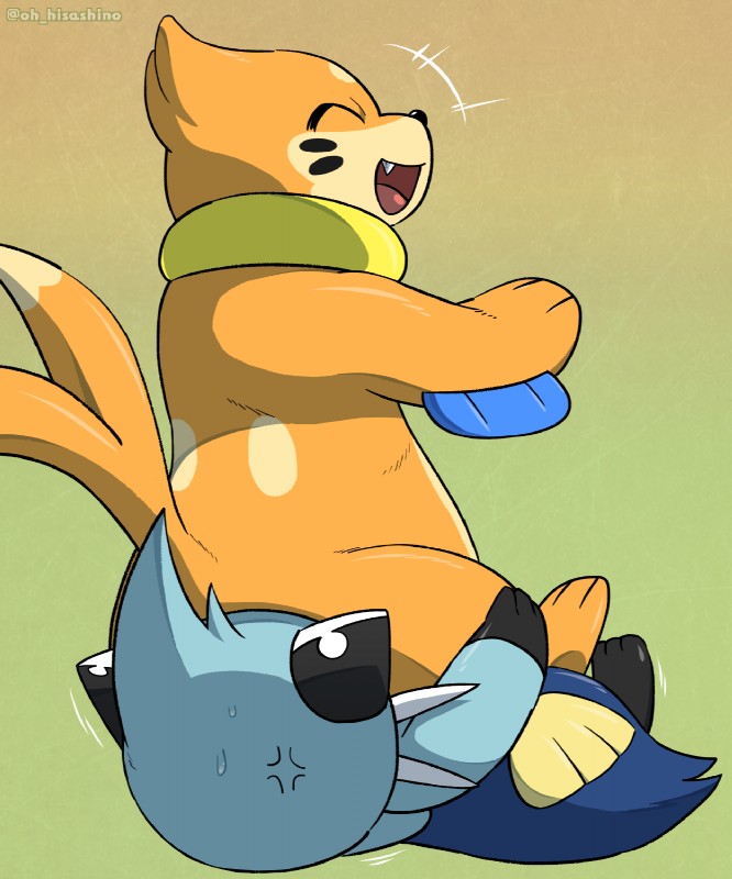 2_tails ambiguous_gender blue_body blue_fur bodily_fluids butt cross-popping_vein duo eyes_closed facesitting feral fur happy multi_tail open_mouth orange_body orange_fur simple_background sitting_on_another sweat sweatdrop tail tan_background hisashino nintendo pokemon buizel dewott generation_4_pokemon generation_5_pokemon mammal pokemon_(species) 2018 5:6 hi_res