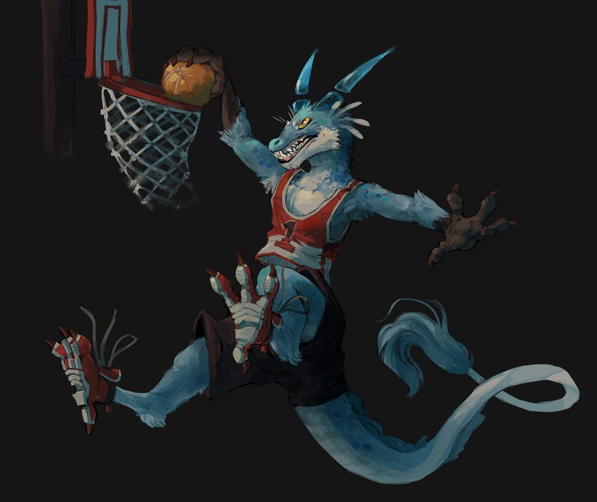 2_horns anthro ball bared_teeth basketball_(ball) basketball_hoop basketball_net basketball_uniform black_bottomwear black_clothing black_shorts blue_body blue_fur bottomwear clothing floating_horn footwear fur fur_markings furgonomics grey_background holding_basketball holding_object horn jumping male markings multicolored_clothing multicolored_shirt multicolored_topwear number number_on_jersey orange_eyes shirt shoes shorts simple_background sneakers solo sportswear tail tail_tuft tank_top topwear translucent translucent_horn tuft uniform white_body white_fur yellow_sclera babanasaur mythology dragon furred_dragon furred_scalie mythological_creature mythological_scalie scalie 2021 digital_media_(artwork) hi_res