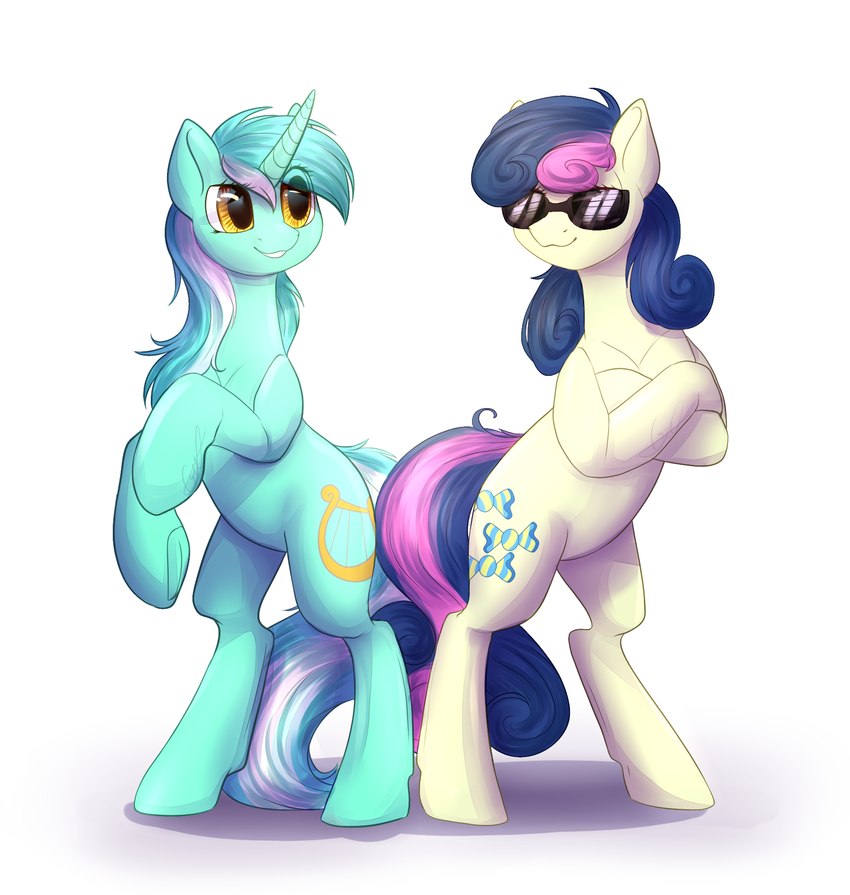 crossed_arms cutie_mark duo eyewear female feral glasses horn looking_at_another simple_background smile standing sunglasses swag white_background peachmayflower friendship_is_magic hasbro my_little_pony mythology bonbon_(mlp) lyra_heartstrings_(mlp) earth_pony equid equine horse mammal mythological_creature mythological_equine pony unicorn hi_res