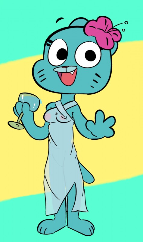 anthro barefoot biped blue_body blue_fur breasts clothing container cup dress feet female flower fur gesture looking_at_viewer mature_anthro mature_female nipples plant simple_background smile solo standing translucent translucent_clothing water waving gabbah cartoon_network the_amazing_world_of_gumball nicole_watterson domestic_cat felid feline felis mammal 2017 digital_media_(artwork) hi_res