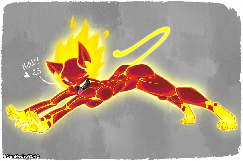 anthro ass_up cat_tail collar emoji female fire fire_head flaming_hair heart_symbol looking_at_viewer one_eye_closed pseudo_hair red_body smile smiling_at_viewer solo stretching tail text wink winking_at_viewer sanpedro7343 ben_10 cartoon_network chaquetrix heatblast alien domestic_cat elemental_creature felid feline felis fire_creature mammal pyronite 2024 absurd_res hi_res